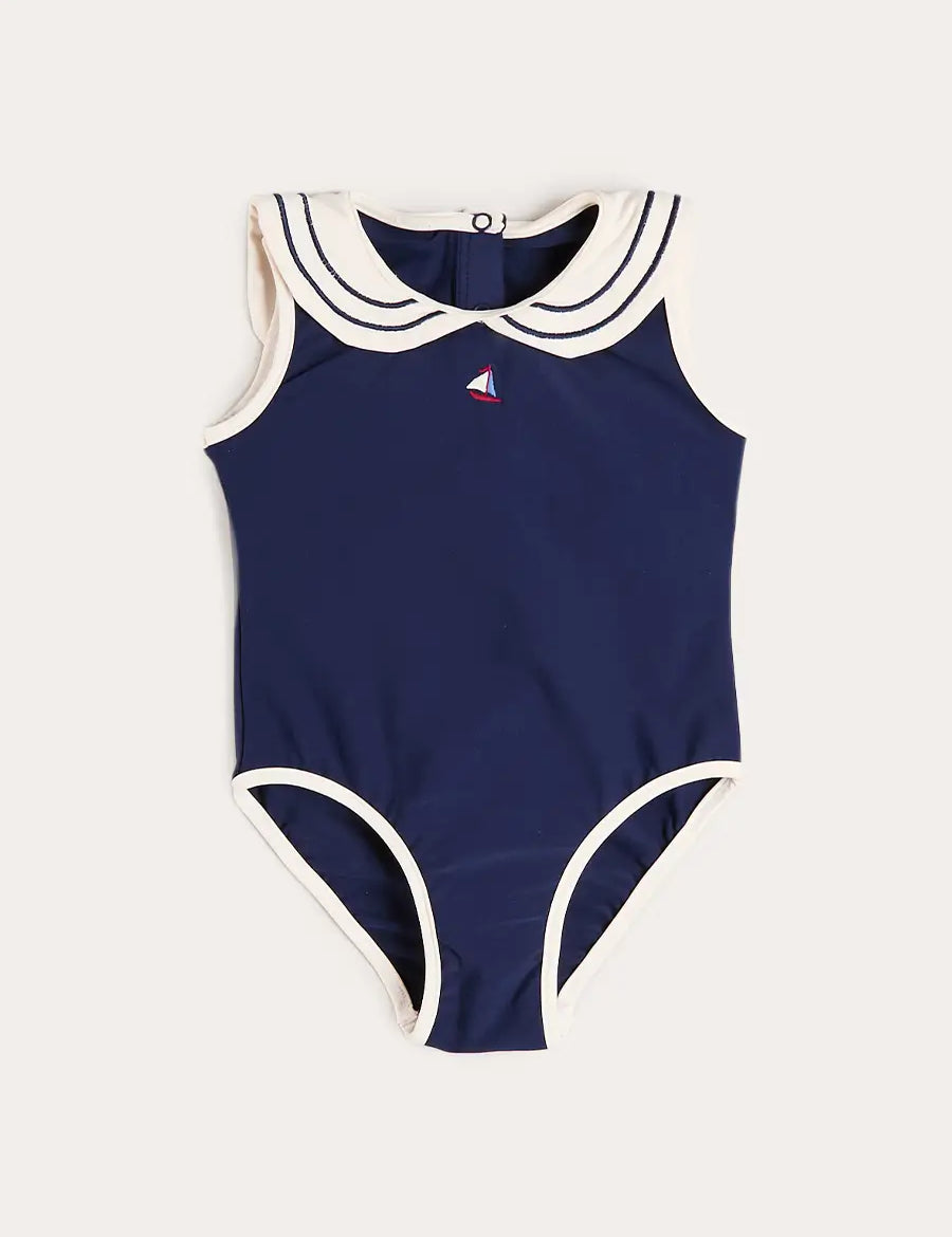 Mariner Collar Embroidered Boat Motif Swimsuit in Navy (12mths-10yrs) SWIMWEAR from Pepa London