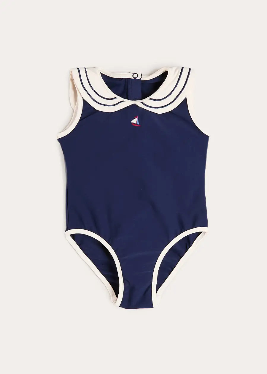 Mariner Collar Embroidered Boat Motif Swimsuit in Navy (12mths-10yrs) Swimwear from Pepa London
