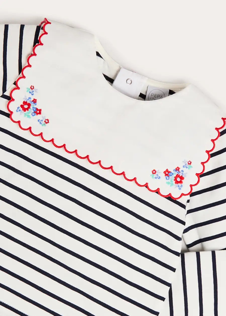 Sailor Stripe Floral Embroidered Mariner Collar Top in White (2-12yrs) TOPS & BODYSUITS from Pepa London