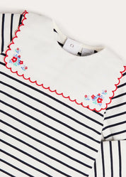 Sailor Stripe Floral Embroidered Mariner Collar Top in White (2-12yrs) TOPS & BODYSUITS from Pepa London
