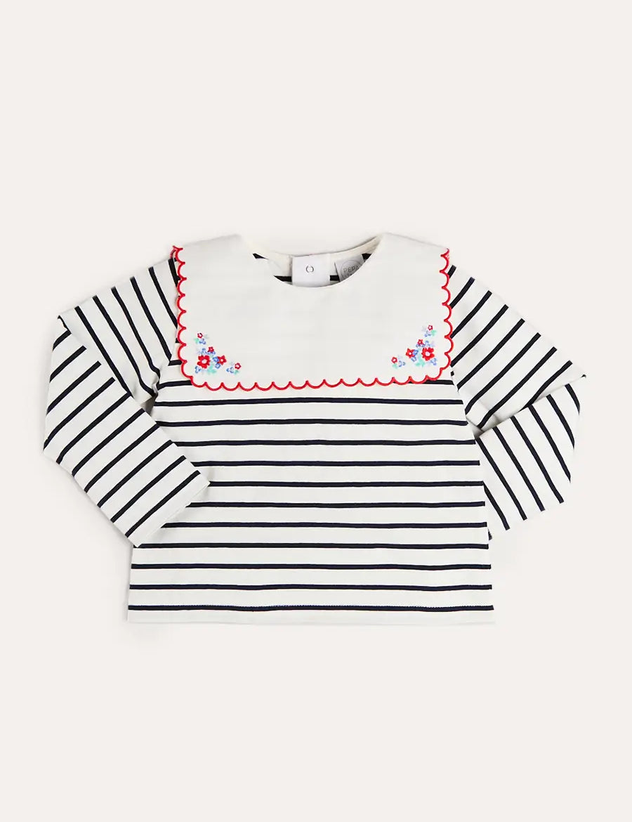 Sailor Stripe Floral Embroidered Mariner Collar Top in White (2-12yrs) TOPS & BODYSUITS from Pepa London