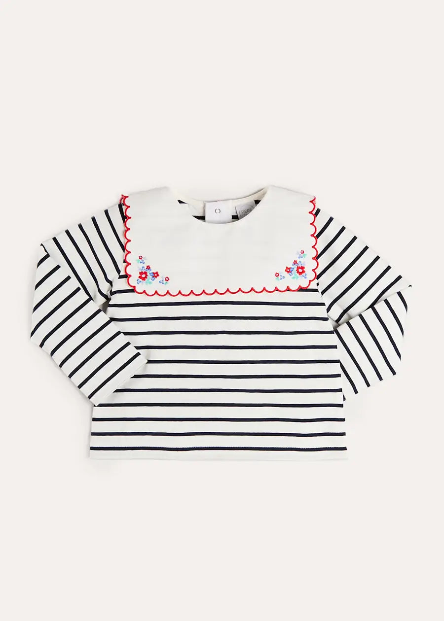 Sailor Stripe Floral Embroidered Mariner Collar Top in White (2-12yrs) TOPS & BODYSUITS from Pepa London