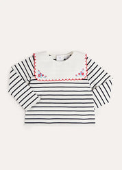 Sailor Stripe Floral Embroidered Mariner Collar Top in White (2-12yrs) TOPS & BODYSUITS from Pepa London