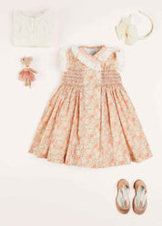 Sophie Floral Print Hand Smocked Double Breasted Dress in Peach (12mths-10yrs) Dresses  from Pepa London