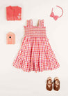 Check Smocked Strappy Dress in Coral (2-10yrs) Dresses  from Pepa London