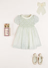 Constance Floral Print Handsmocked Short Sleeve Party Dress in Light Green (2-6yrs) Dresses  from Pepa London