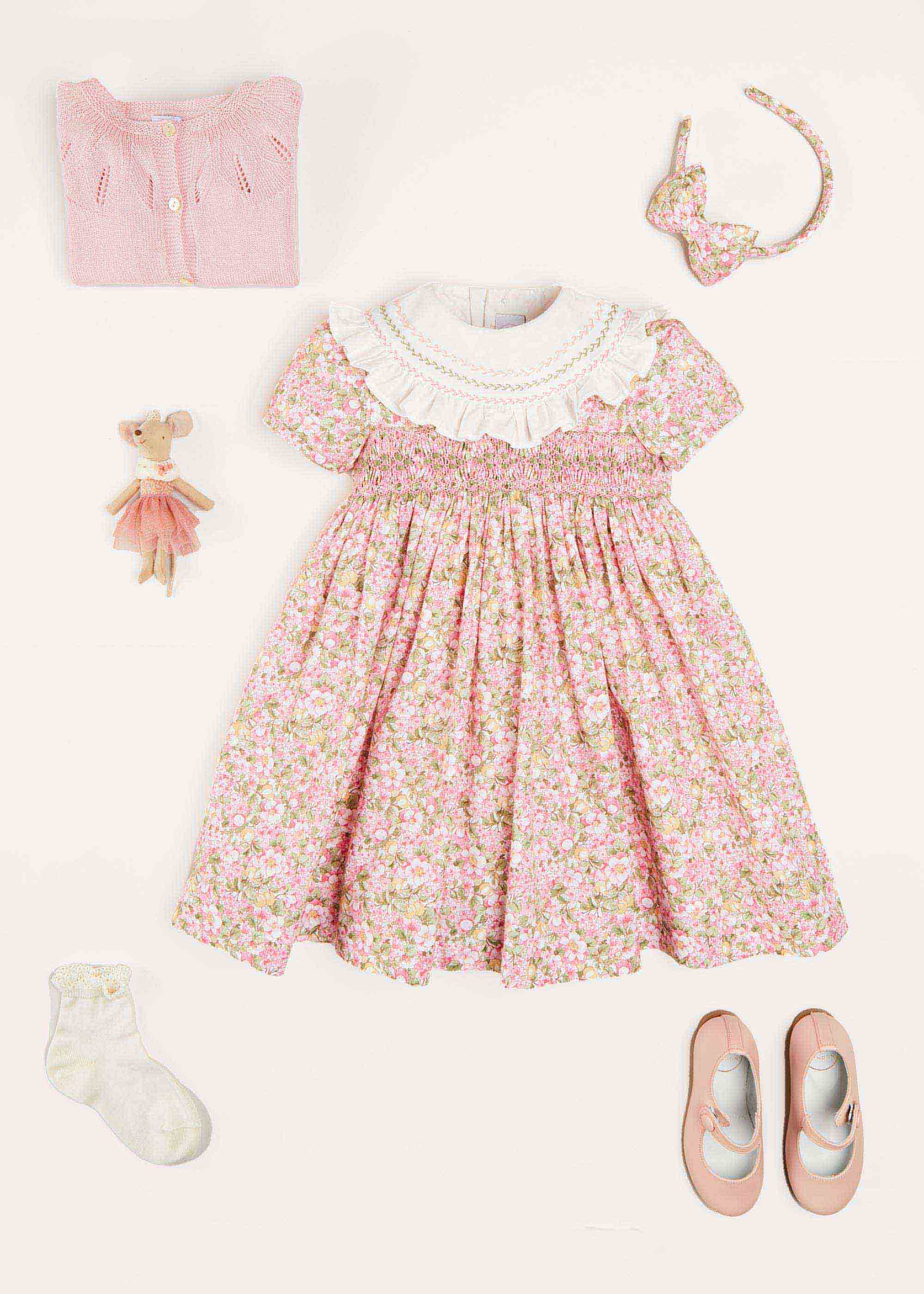Eloise Floral Print Hand Smocked Short Sleeve Dress in Pink (12mths-10yrs) Dresses  from Pepa London