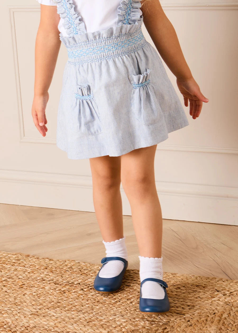 Alexander Stripe Smocked Skirt with Braces in Blue (18mths-6yrs) Skirts from Pepa London