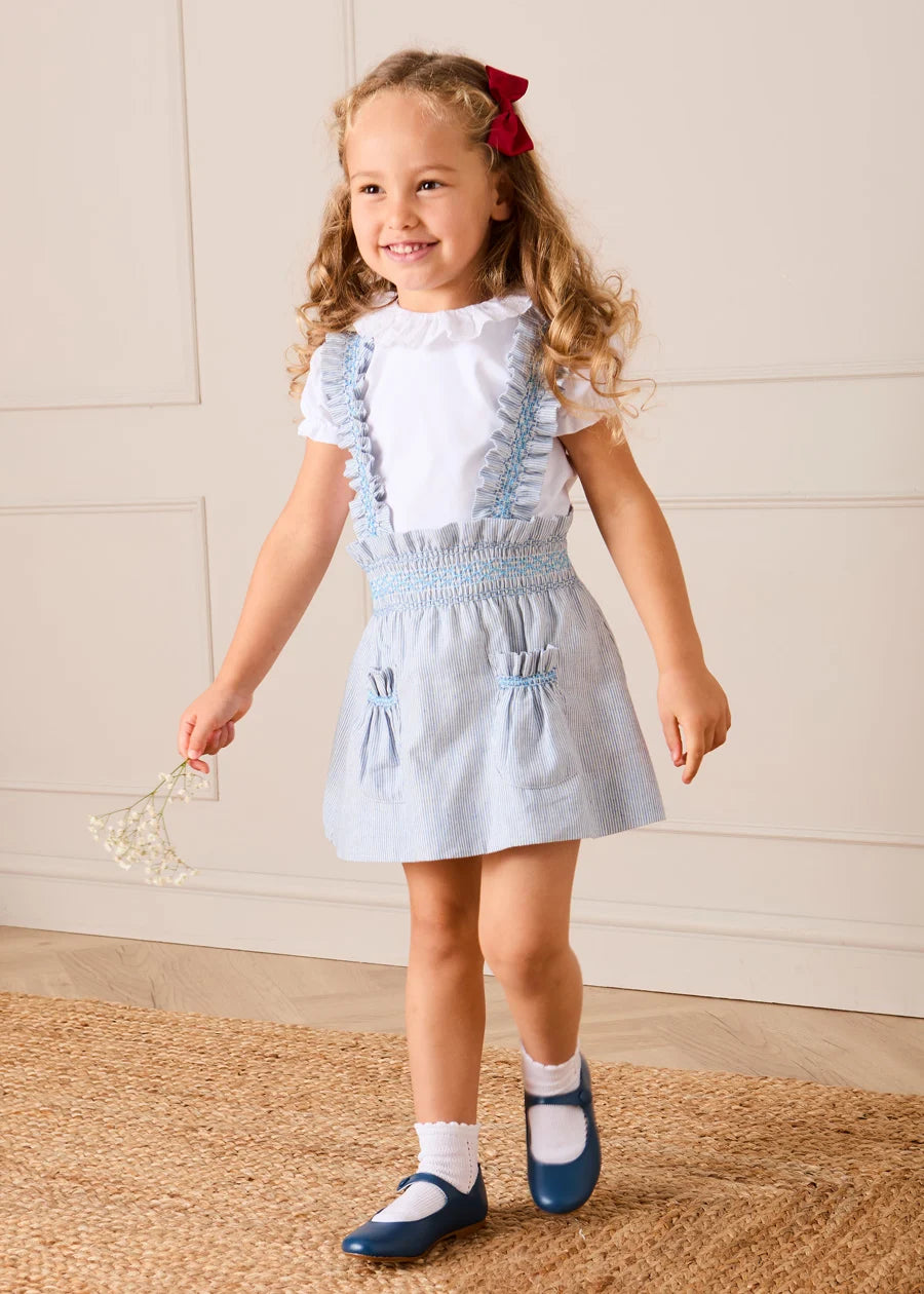 Alexander Stripe Smocked Skirt with Braces in Blue (18mths-6yrs) Skirts from Pepa London