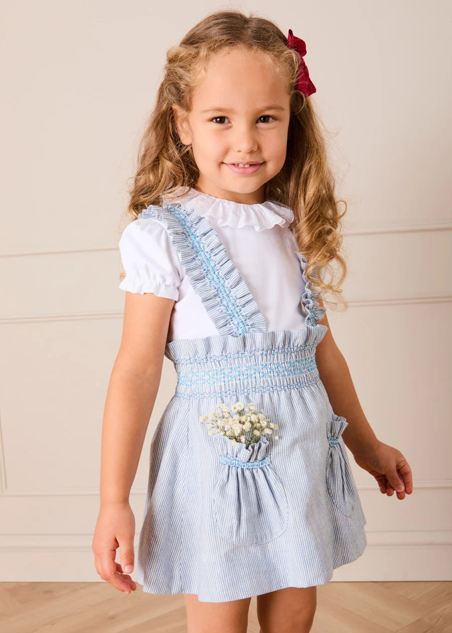 Alexander Stripe Smocked Skirt with Braces in Blue (18mths-6yrs) Skirts from Pepa London