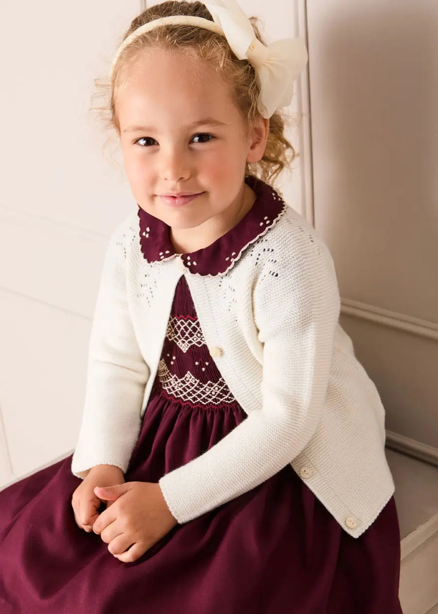 Hand Smocked Peter Pan Collar Short Sleeve Dress in Burgundy (12mths-10yrs) Dresses from Pepa London
