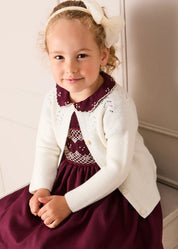 Hand Smocked Peter Pan Collar Short Sleeve Dress in Burgundy (12mths-10yrs) Dresses from Pepa London
