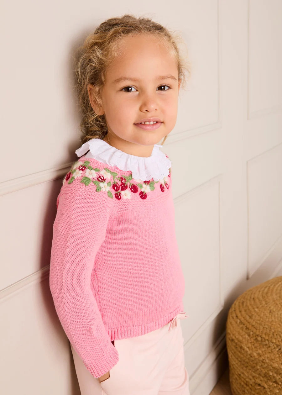 Strawberry Embroidered Jumper in Pink (12mths-6yrs) Knitwear from Pepa London