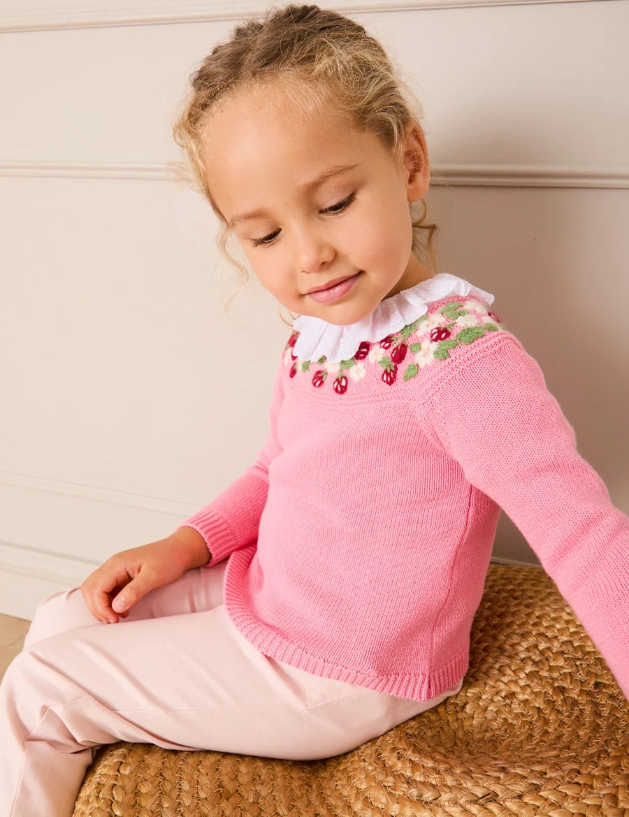 Strawberry Embroidered Jumper in Pink (12mths-6yrs) Knitwear from Pepa London
