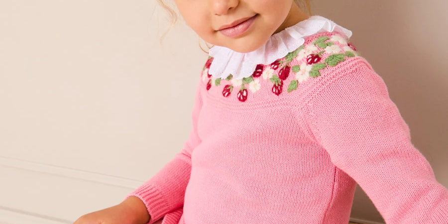 Strawberry Embroidered Jumper in Pink (12mths-6yrs) Knitwear from Pepa London