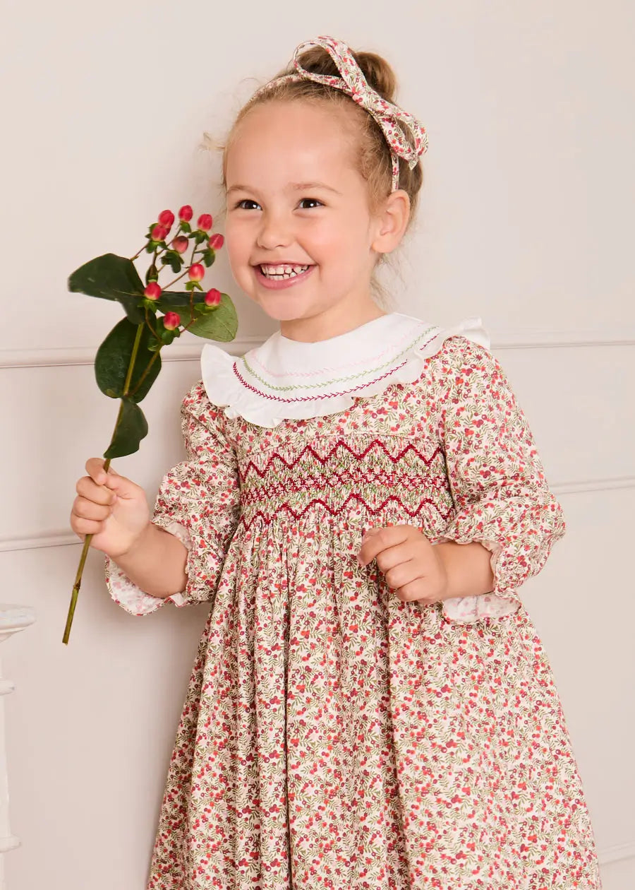 Evelyn Floral Hand Smocked Embroidered Collar Long Sleeve Dress in Pink (12mths-10yrs) Dresses from Pepa London