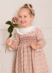 Evelyn Floral Hand Smocked Embroidered Collar Long Sleeve Dress in Pink (12mths-10yrs) Dresses from Pepa London