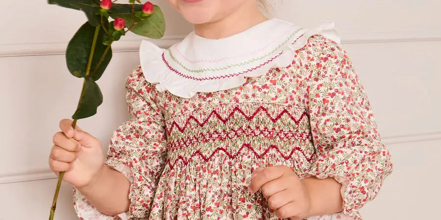 Evelyn Floral Hand Smocked Embroidered Collar Long Sleeve Dress in Pink (12mths-10yrs) Dresses from Pepa London