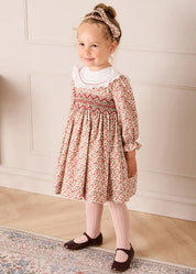 Evelyn Floral Hand Smocked Embroidered Collar Long Sleeve Dress in Pink (12mths-10yrs) Dresses from Pepa London