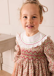 Evelyn Floral Hand Smocked Embroidered Collar Long Sleeve Dress in Pink (12mths-10yrs) Dresses from Pepa London