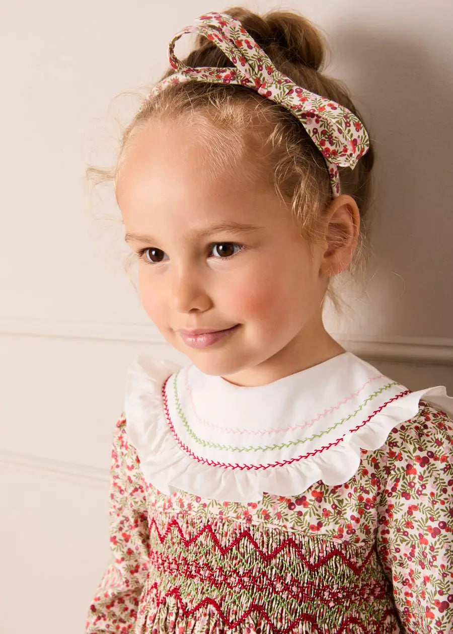 Evelyn Floral Hand Smocked Embroidered Collar Long Sleeve Dress in Pink (12mths-10yrs) Dresses from Pepa London