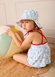 Audrey Toile Bow Detail Smocked Two Piece Swimsuit in Blue (12mths- 10yrs) Swimwear from Pepa London