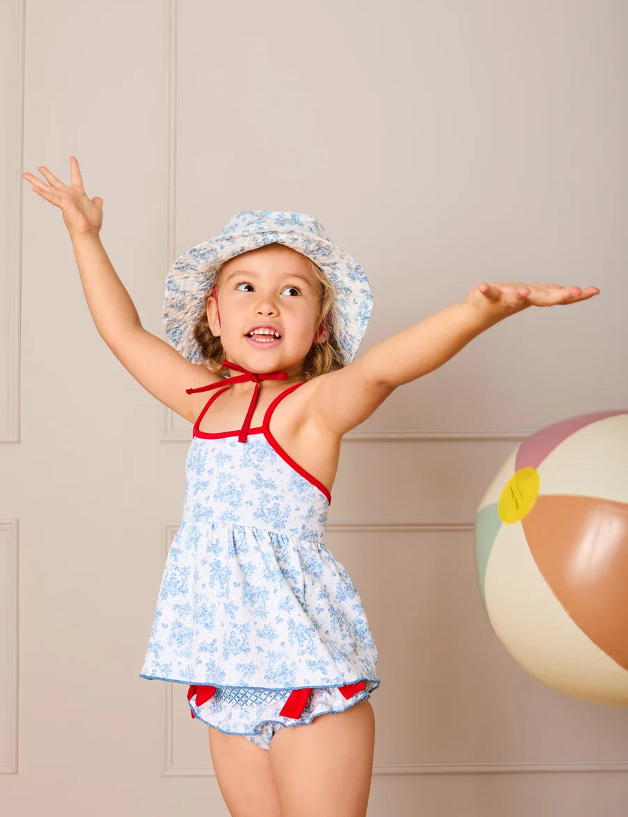 Audrey Toile Bow Detail Smocked Two Piece Swimsuit in Blue (12mths- 10yrs) SWIMWEAR from Pepa London