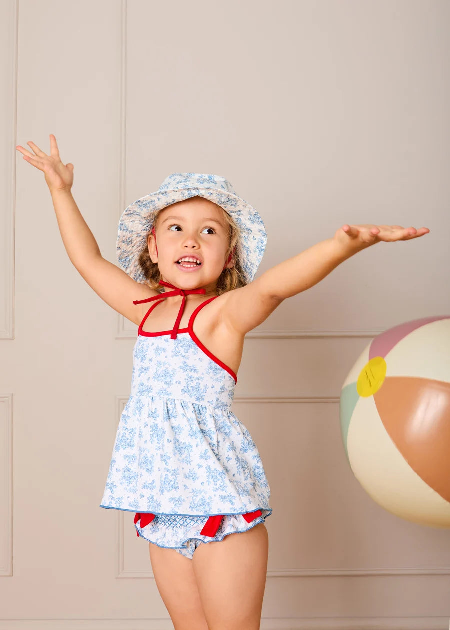 Audrey Toile Bow Detail Smocked Two Piece Swimsuit in Blue (12mths- 10yrs) Swimwear from Pepa London