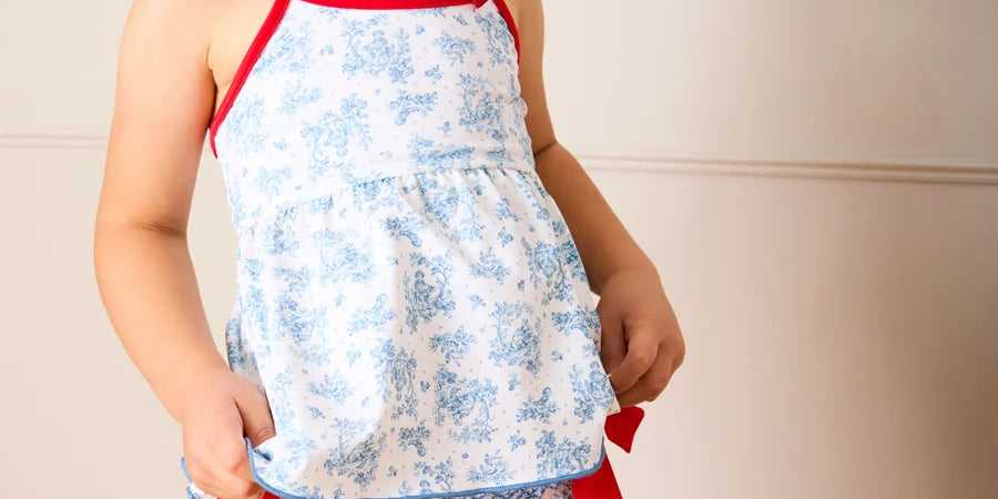 Audrey Toile Bow Detail Smocked Two Piece Swimsuit in Blue (12mths- 10yrs) SWIMWEAR from Pepa London