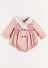 Hand Smocked Double Breasted Long Sleeve Romper in Pink (6mths-2yrs) Rompers  from Pepa London