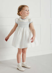 Ivory Hand Smocked Occasion Dress with Blue Details (6mths-8yrs) Dresses from Pepa London