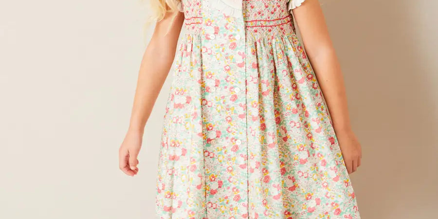Clementine Floral Hand Smocked Double Breasted Short Sleeve Dress in Coral (12mths-10yrs) DRESSES from Pepa London