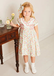 Clementine Floral Hand Smocked Double Breasted Short Sleeve Dress in Coral (12mths-10yrs) DRESSES from Pepa London