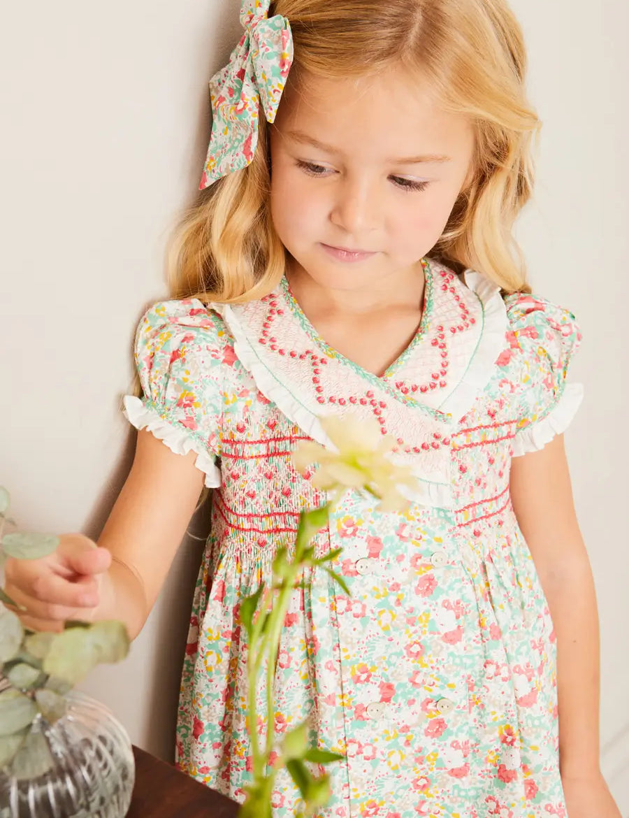 Clementine Floral Hand Smocked Double Breasted Short Sleeve Dress in Coral (12mths-10yrs) DRESSES from Pepa London