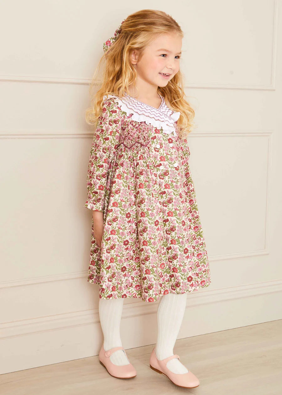 Daphne Floral Hand Smocked Double Breasted Dress in Pink (18mths-10yrs) Dresses  from Pepa London