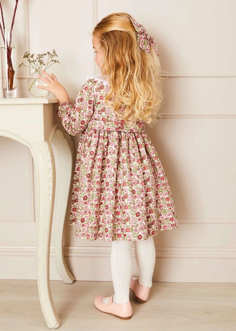 Daphne Floral Hand Smocked Double Breasted Dress in Pink (18mths-10yrs) Dresses  from Pepa London
