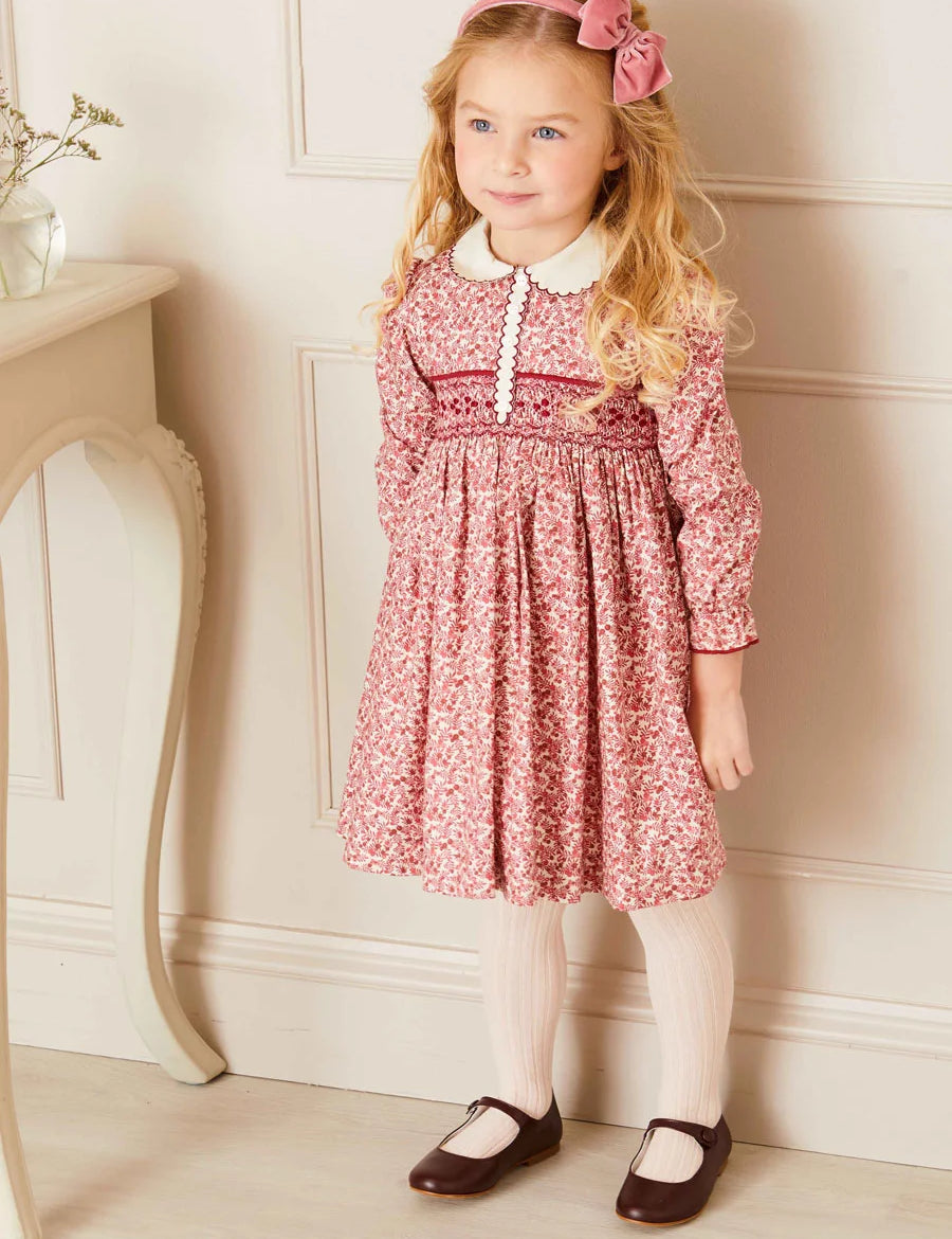Evelyn Floral Hand Smocked Long Sleeve Dress in Pink (12mths-6yrs) Dresses  from Pepa London