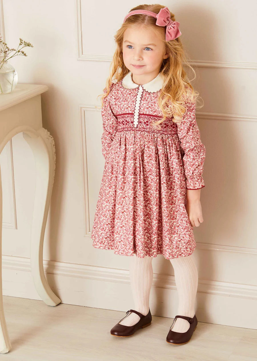 Evelyn Floral Hand Smocked Long Sleeve Dress in Pink (12mths-6yrs) Dresses  from Pepa London