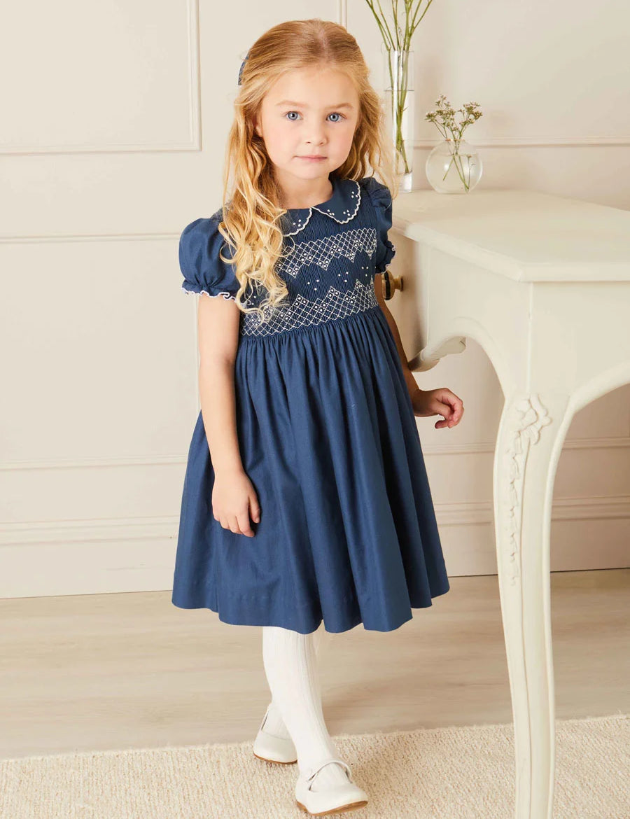 Hand Smocked Shortsleeve Dress in Royal Blue (12mths-10yrs) Dresses  from Pepa London