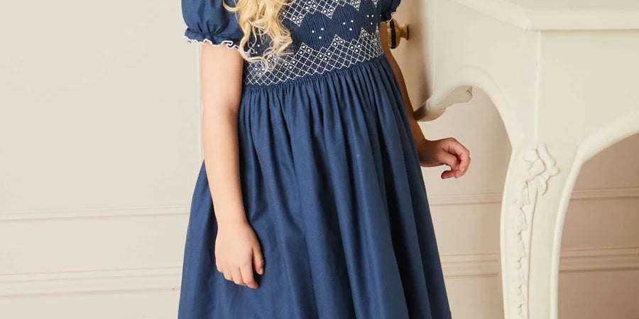 Hand Smocked Shortsleeve Dress in Royal Blue (12mths-10yrs) DRESSES from Pepa London