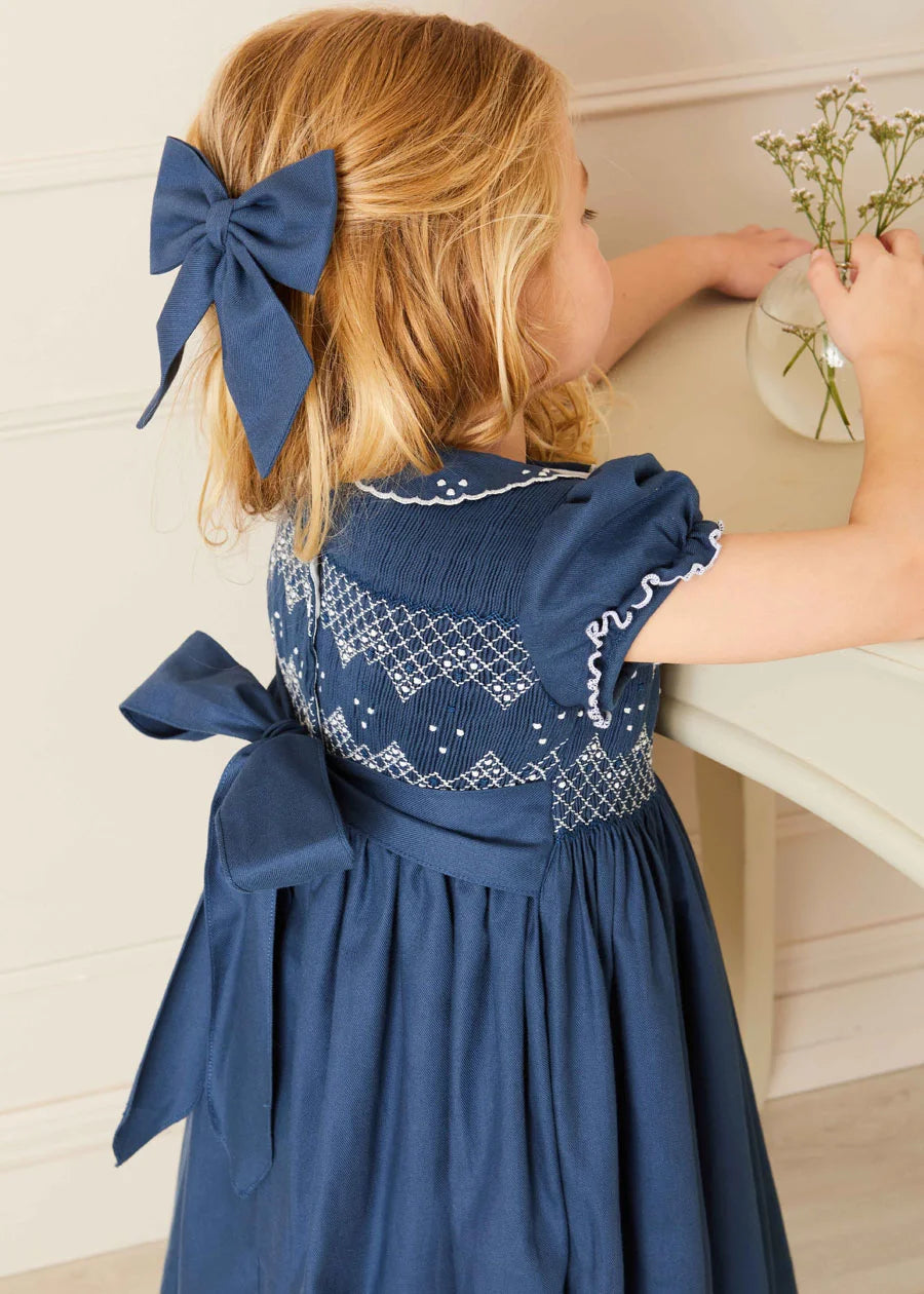 Hand Smocked Short Sleeve Dress in French Blue Pepa London Hand Smocked Short Sleeve Dress in French Blue Pepa London