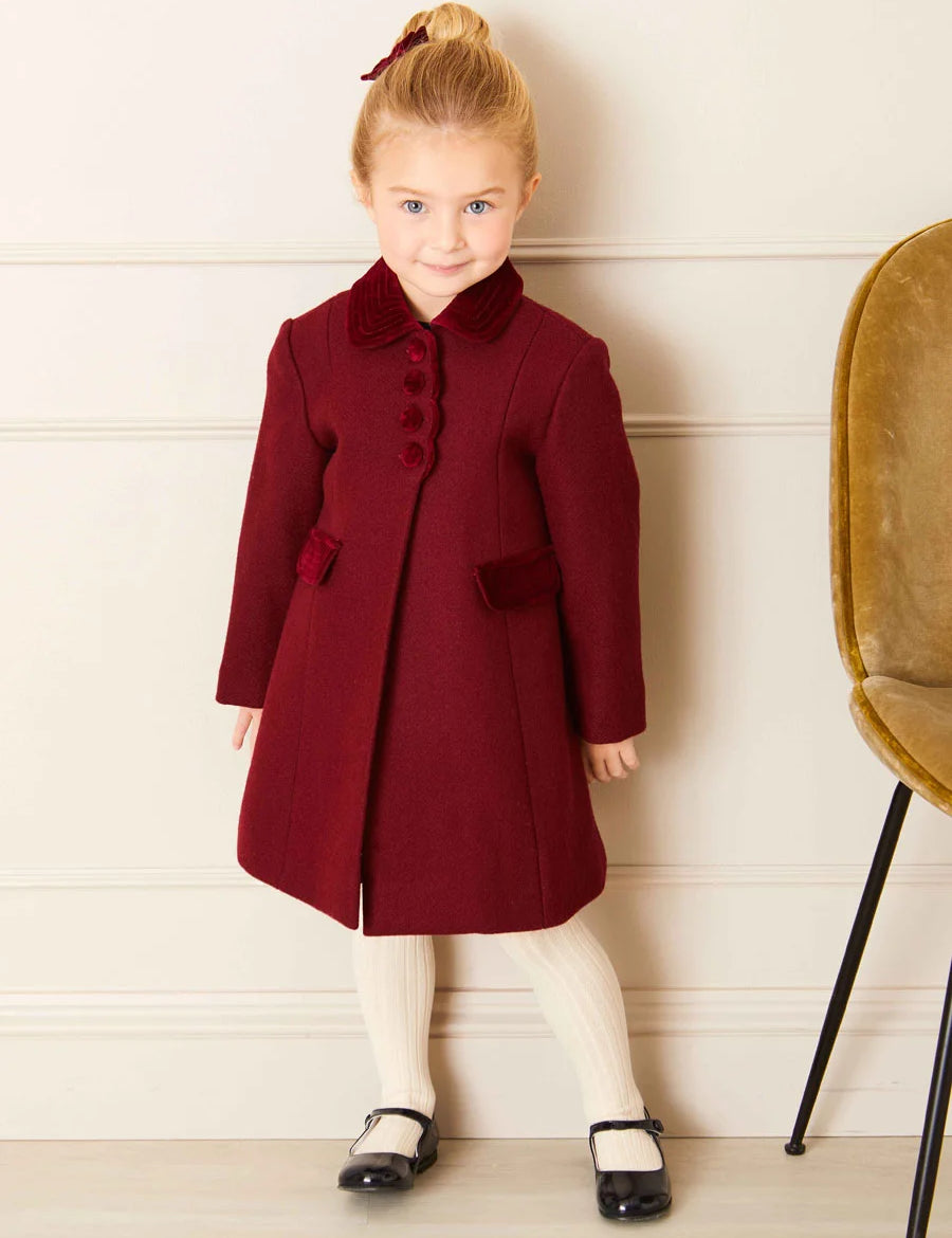 Single Breasted Scallop Detail Coat In Burgundy (12mths-10yrs) COATS  from Pepa London