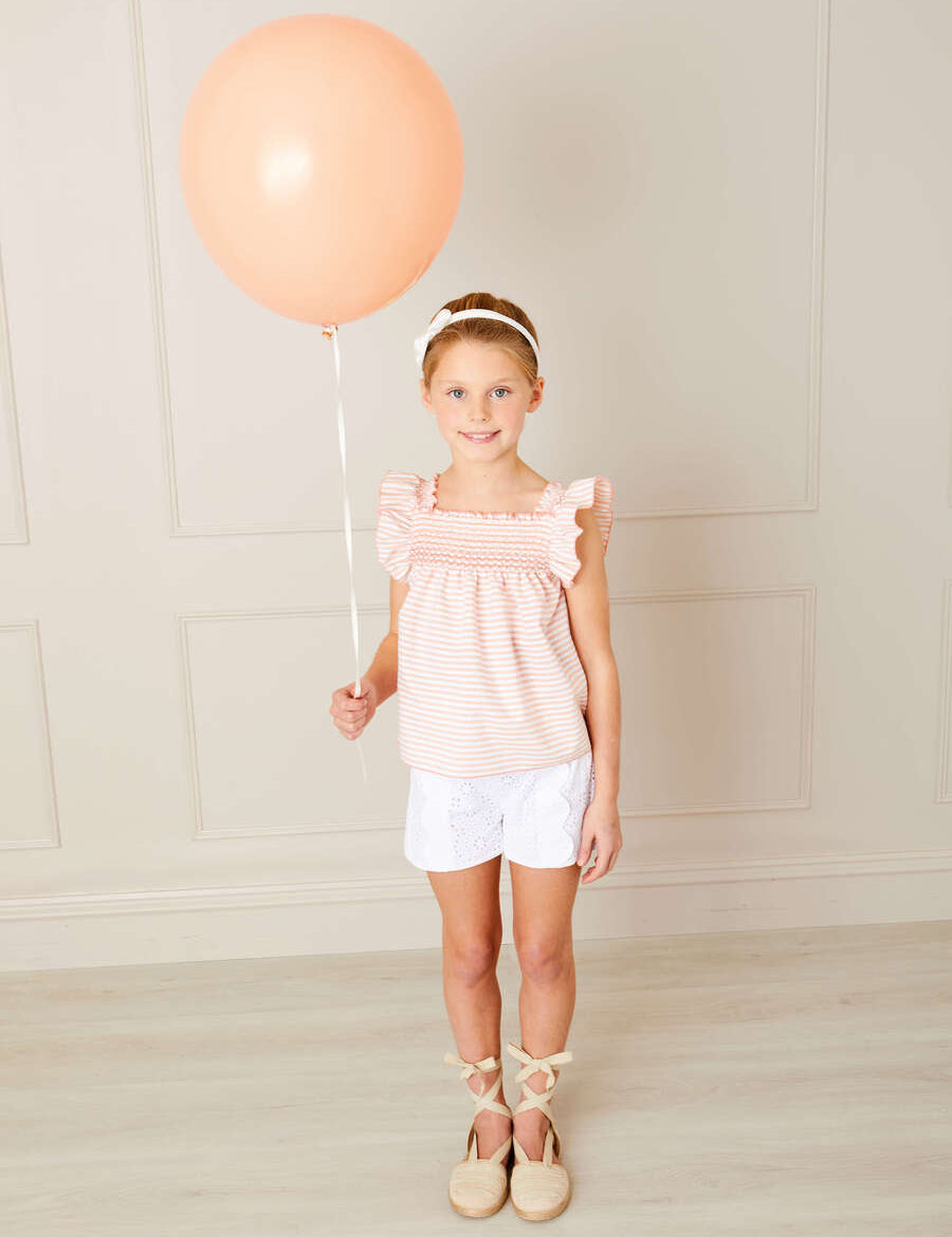 Striped Smock Detail Ruffle Sleeve Blouse in Tangerine (4-10yrs) Blouses  from Pepa London