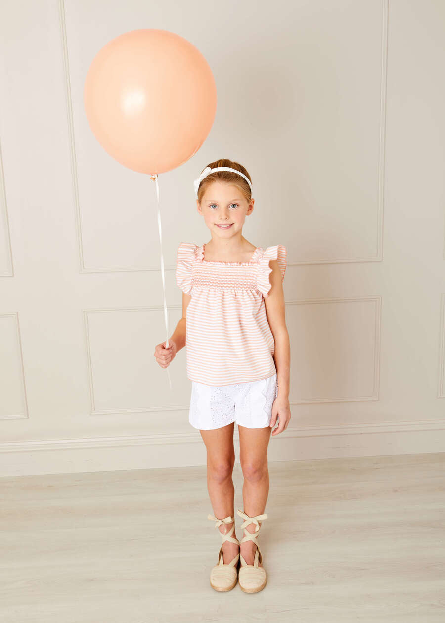 Striped Smock Detail Ruffle Sleeve Blouse in Tangerine (4-10yrs) Blouses  from Pepa London