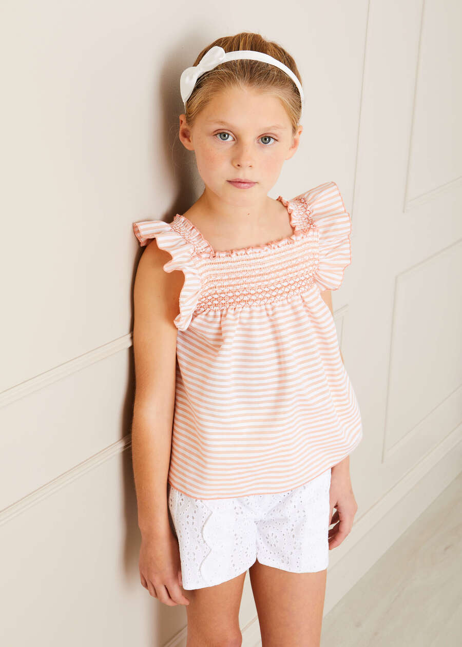 Striped Smock Detail Ruffle Sleeve Blouse in Tangerine (4-10yrs) Blouses  from Pepa London
