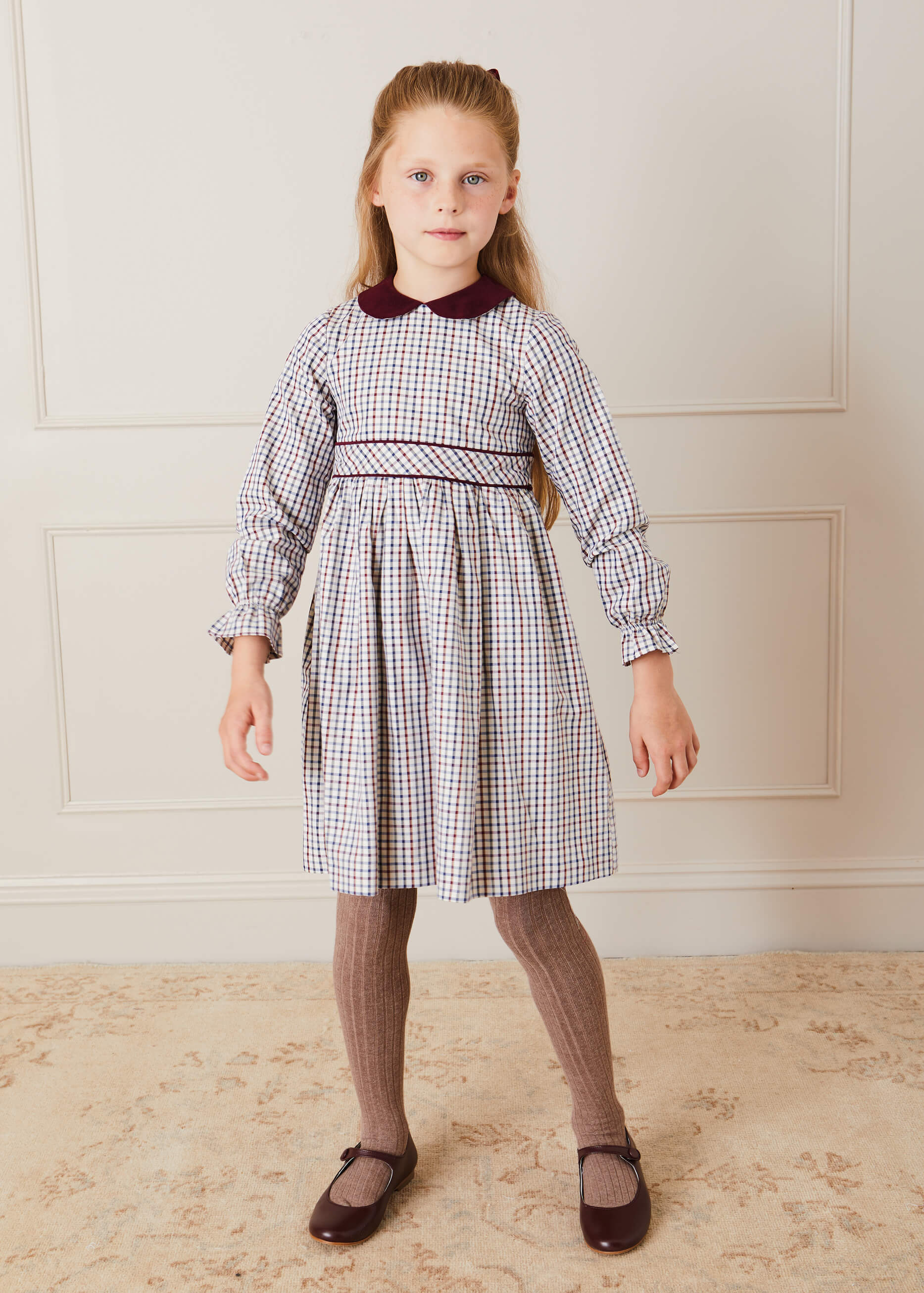 Ebury Check Peter Pan Collar Belted Dress In Beige (2-10yrs) DRESSES from Pepa London