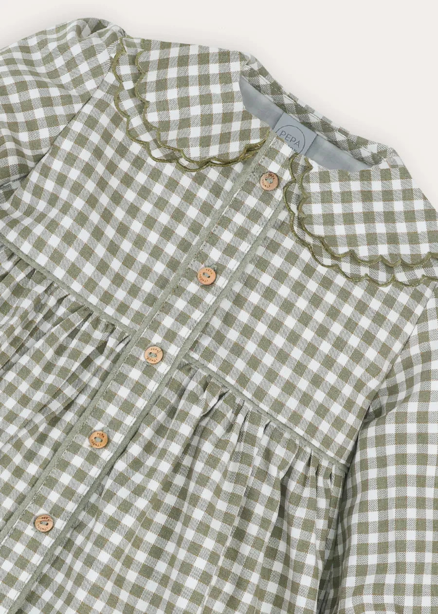 Westbury Gingham Long Sleeve Layered Collar Dress in Green (18mths-10yrs) Dresses from Pepa London