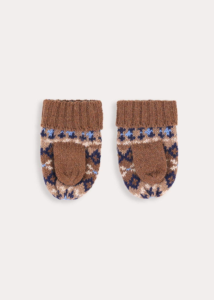 Fair Isle All Over Knitted Mittens in Brown (S-L)