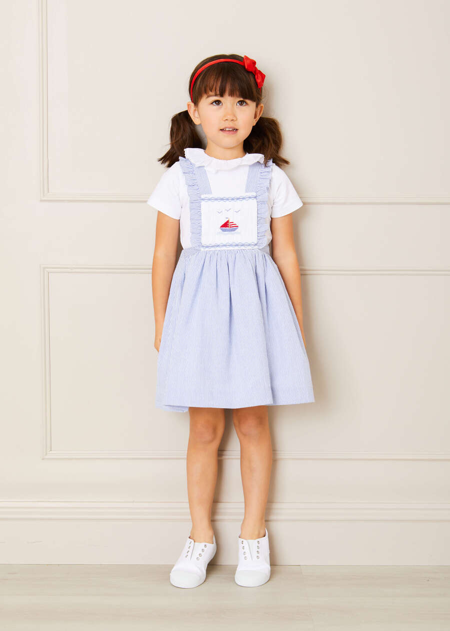 Nautical Striped Boat Embroidered Skirt with Braces in Blue (18mths-4yrs) Skirts  from Pepa London