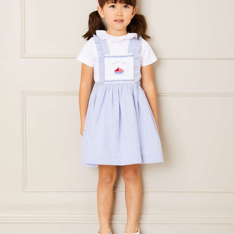 Nautical Striped Boat Embroidered Skirt with Braces in Blue (18mths-4yrs) Skirts  from Pepa London